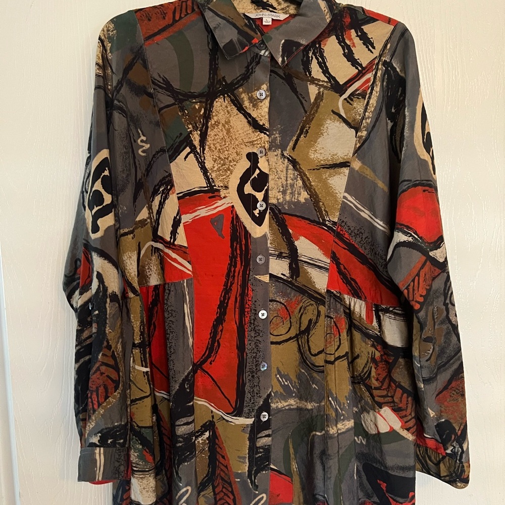 John Mark Artistic Abstract Women's Button Down Shirt - Red, Black, Gray